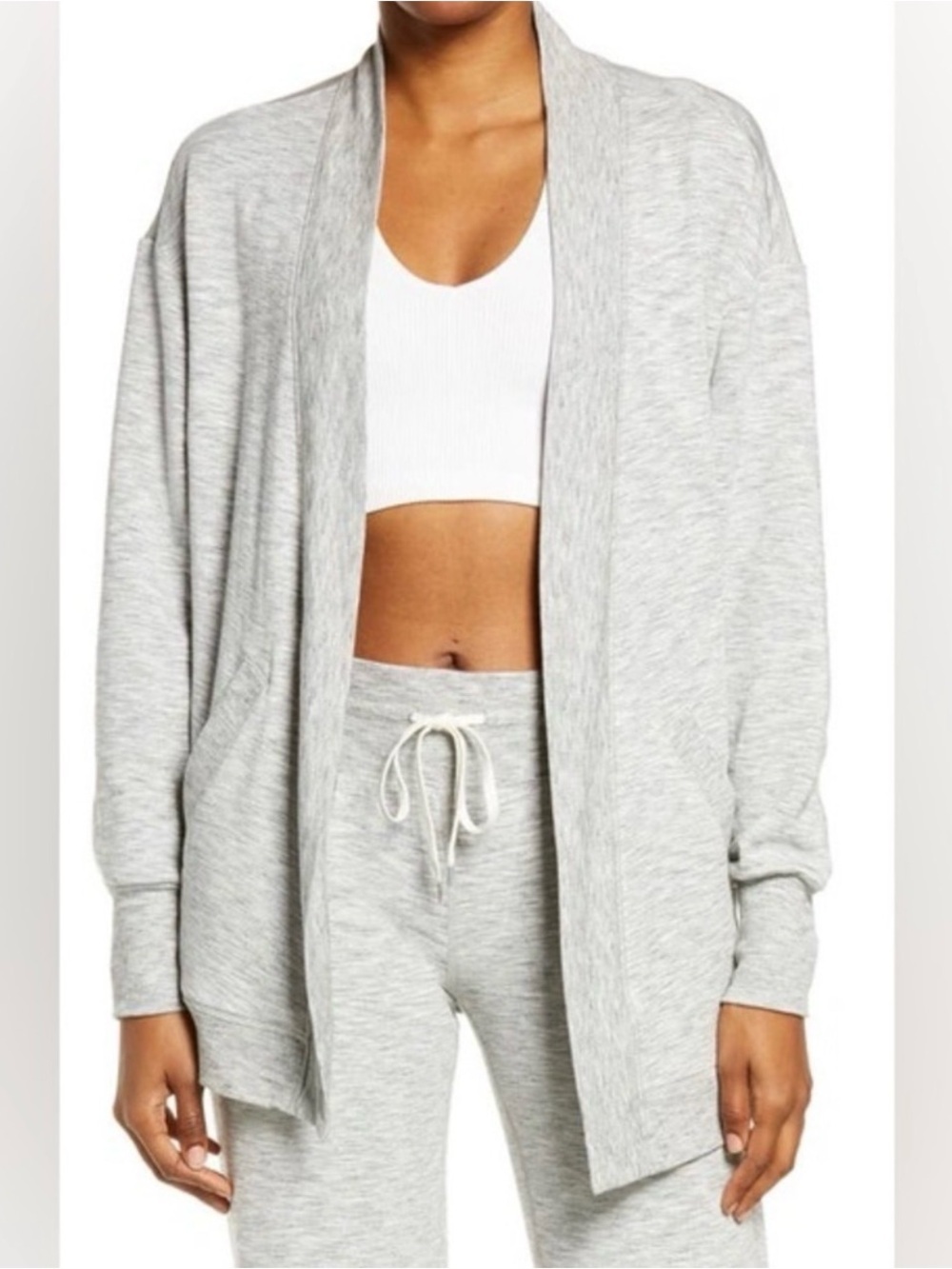 Zella Light Gray Open-Front Draped Cardigan